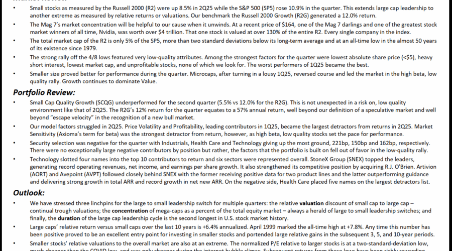 Small Cap Quality Growth – Q2 Commentary